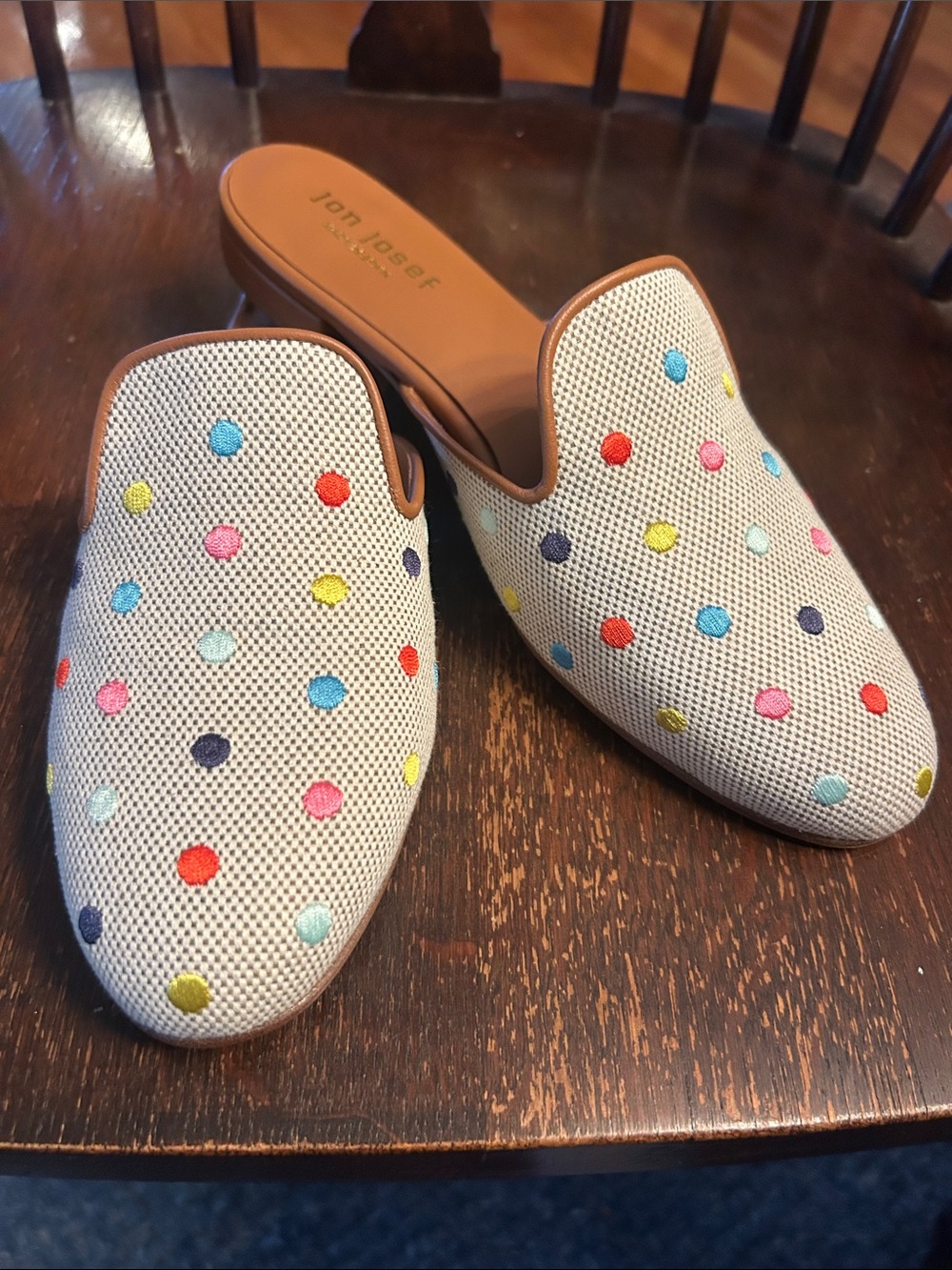 Jon Josef Beige Canvas Mules with Multicolor Polka Dots. Brand new never worn